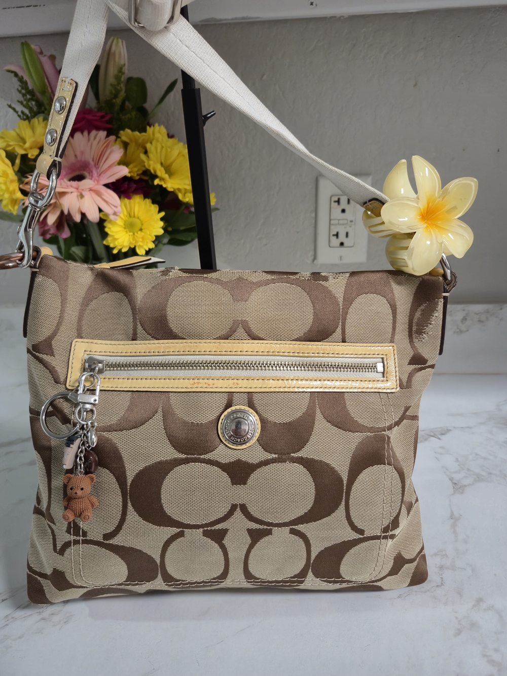 Coach Khaki and Brown Signature Canvas Crossbody with Yellow Accent